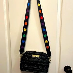 Betsey Johnson crossbody quilted heart bag with rainbow colored heart strap